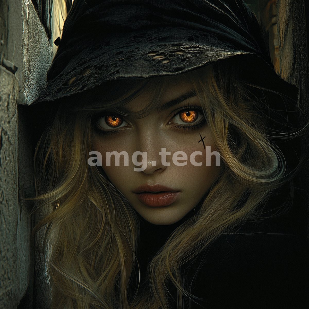 Half-shadowed in a hooded cloak, a fair-haired figure fixes the viewer with luminous amber eyes and a small cross beside her brow.