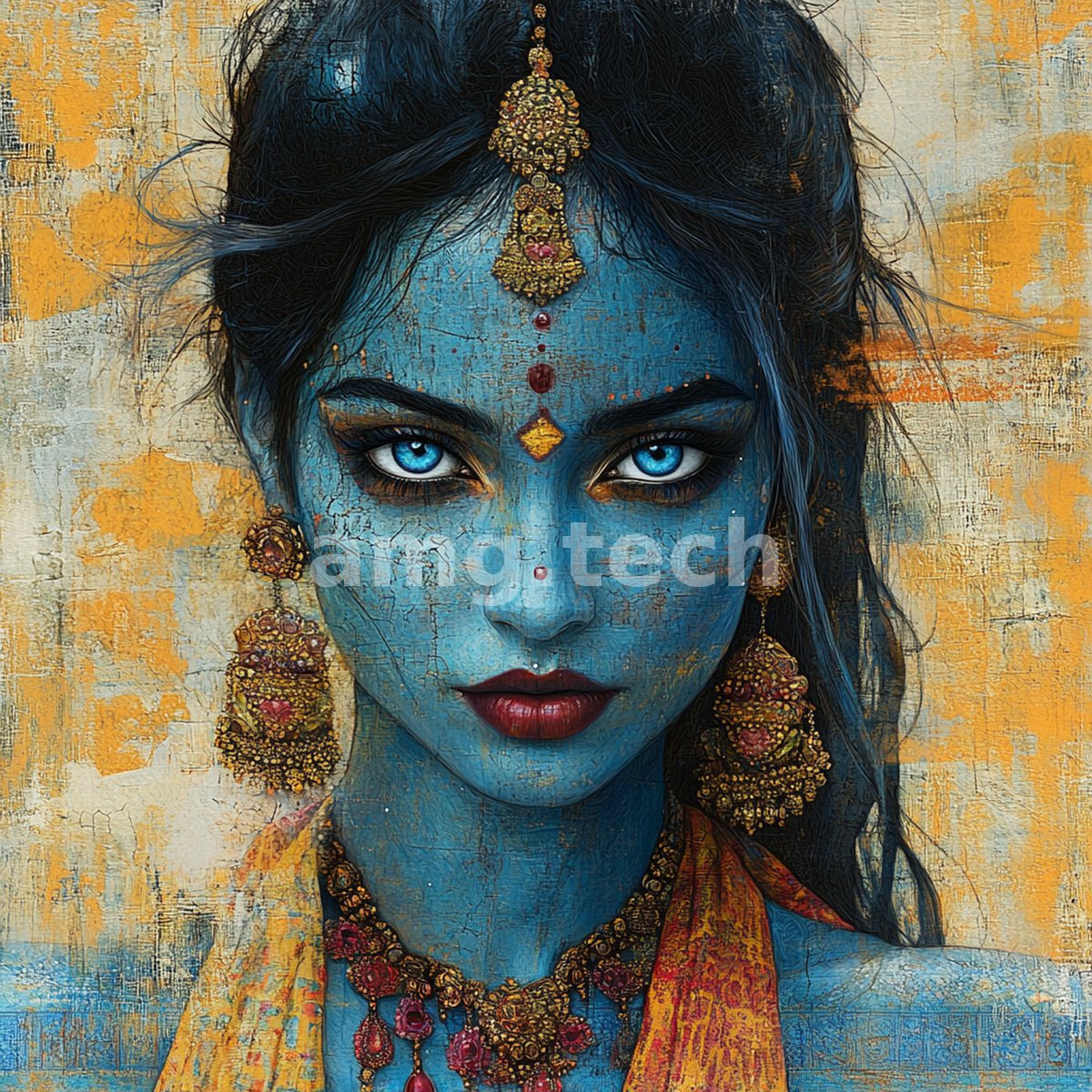 A blue-skinned beauty gazes with piercing eyes, adorned in ornate gold jewellery against a weathered ochre ground, evoking divine Indian iconography.