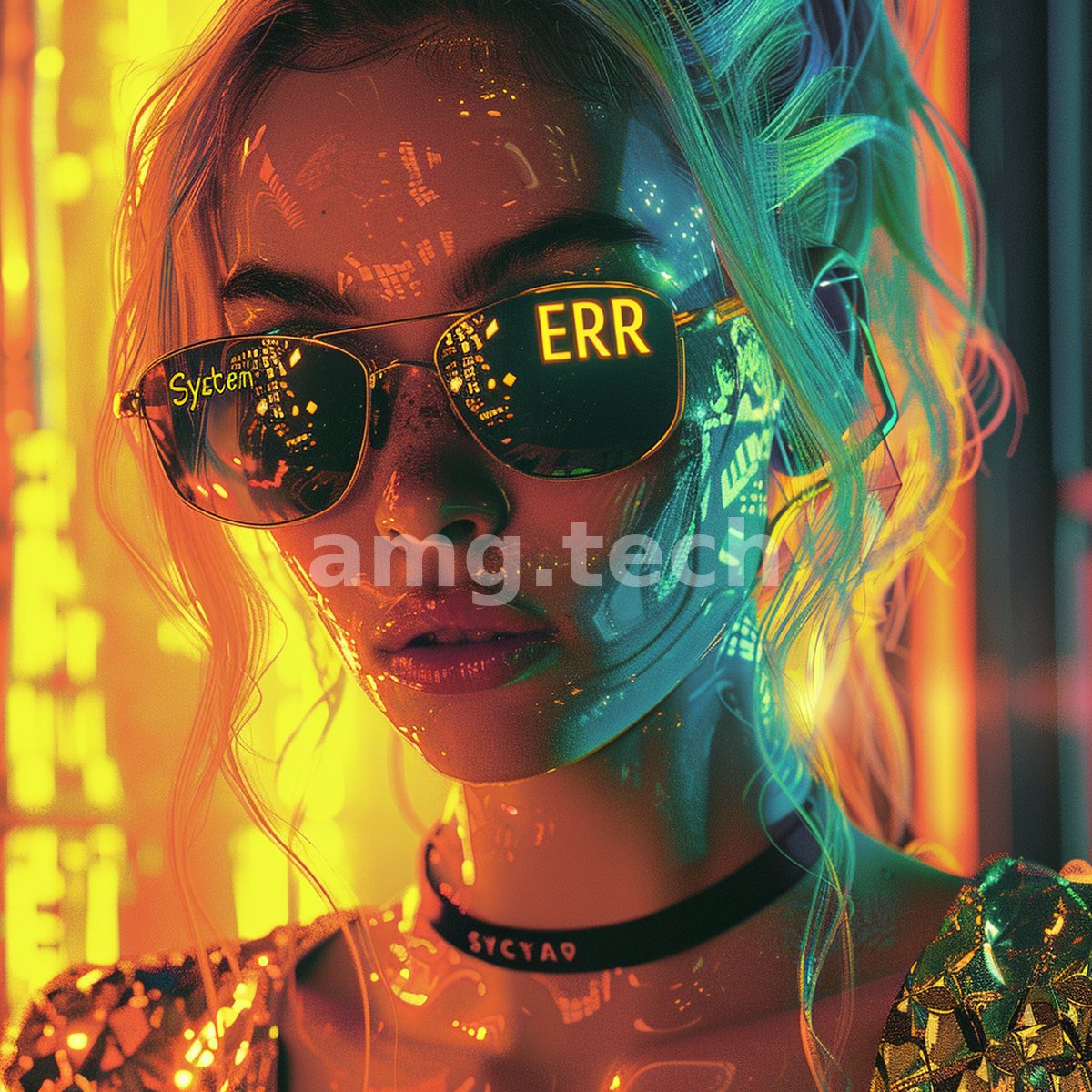 Neon light and cascading code play across a woman's face and mirrored aviators, her reflection ablaze with the glow of a glitching city.