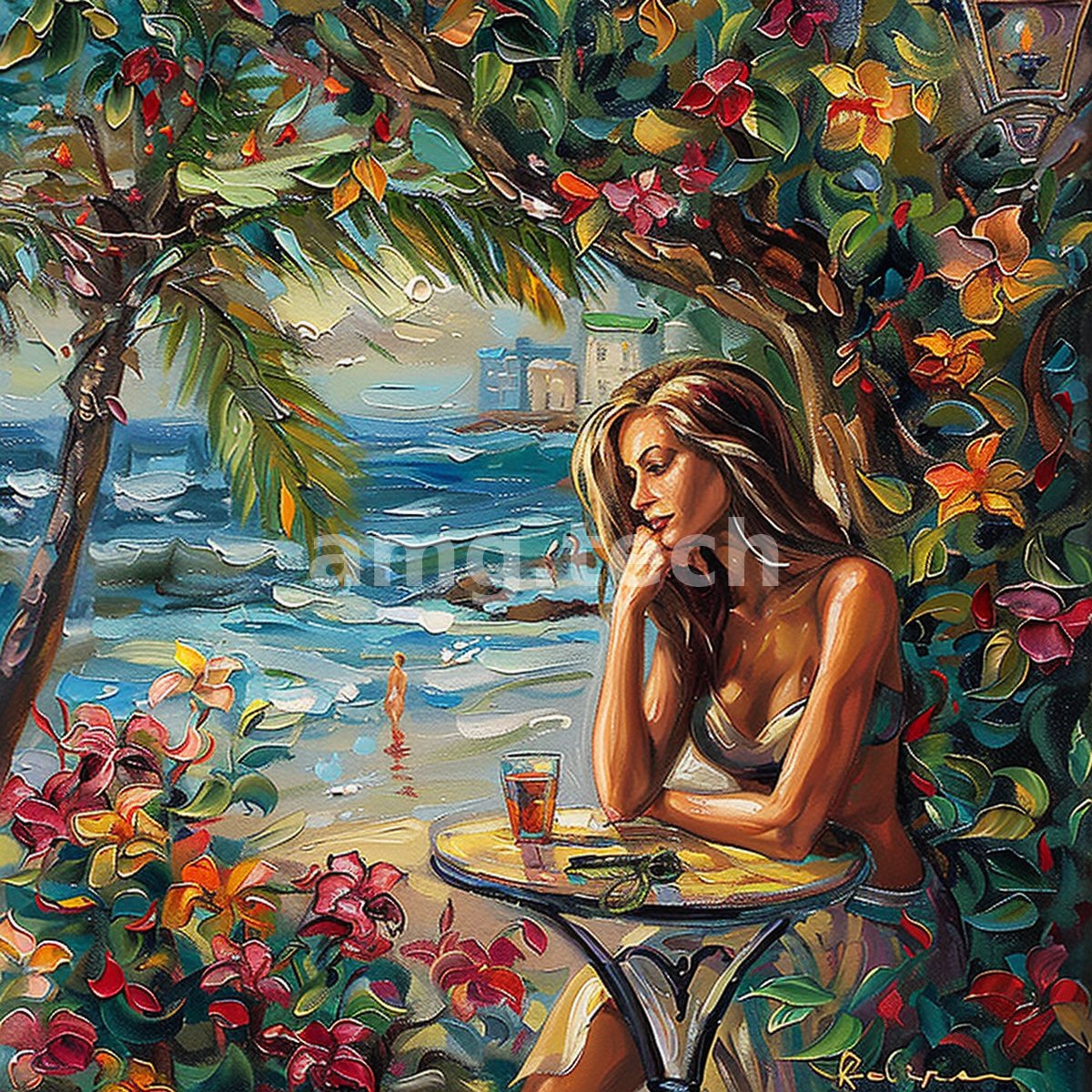 Framed by tropical blooms and palm fronds, a pensive woman rests at a café table above a sunlit shore, lost in quiet thought.