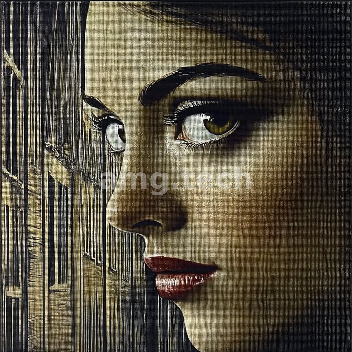 A luminous profile emerges from vertical shadow, her golden skin and crimson lips rendered with an arresting, painterly intimacy.