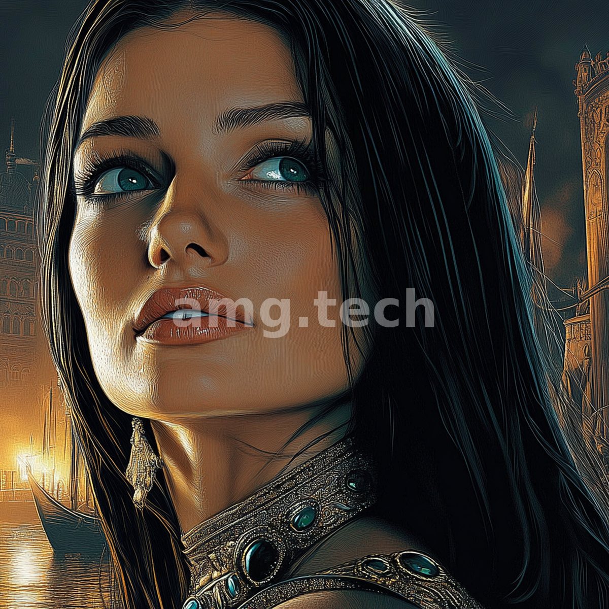 Emerald eyes lifted skyward, a raven-haired beauty is set against a torchlit palazzo, her jewelled collar catching the warm night light.