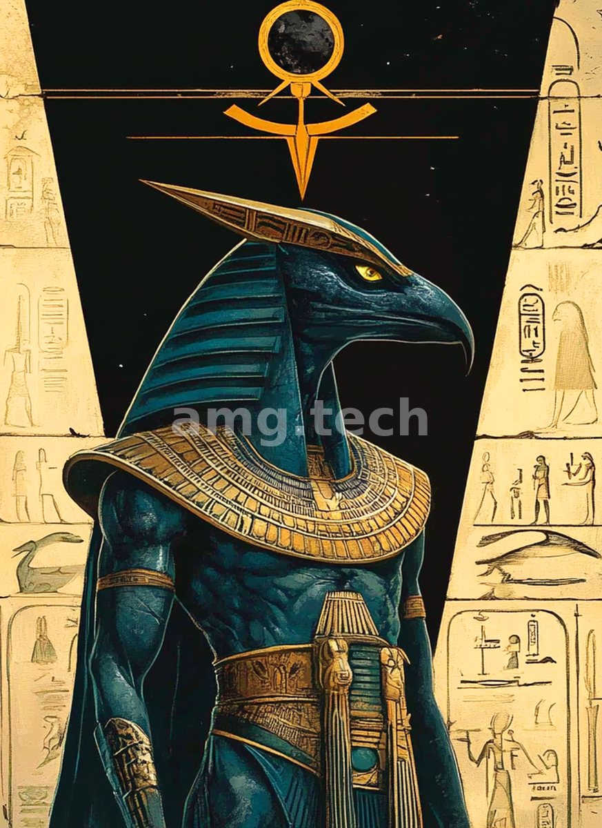 The ibis-headed god stands sentinel in gilded regalia, framed by hieroglyphic walls and a solar sigil suspended in the void above.