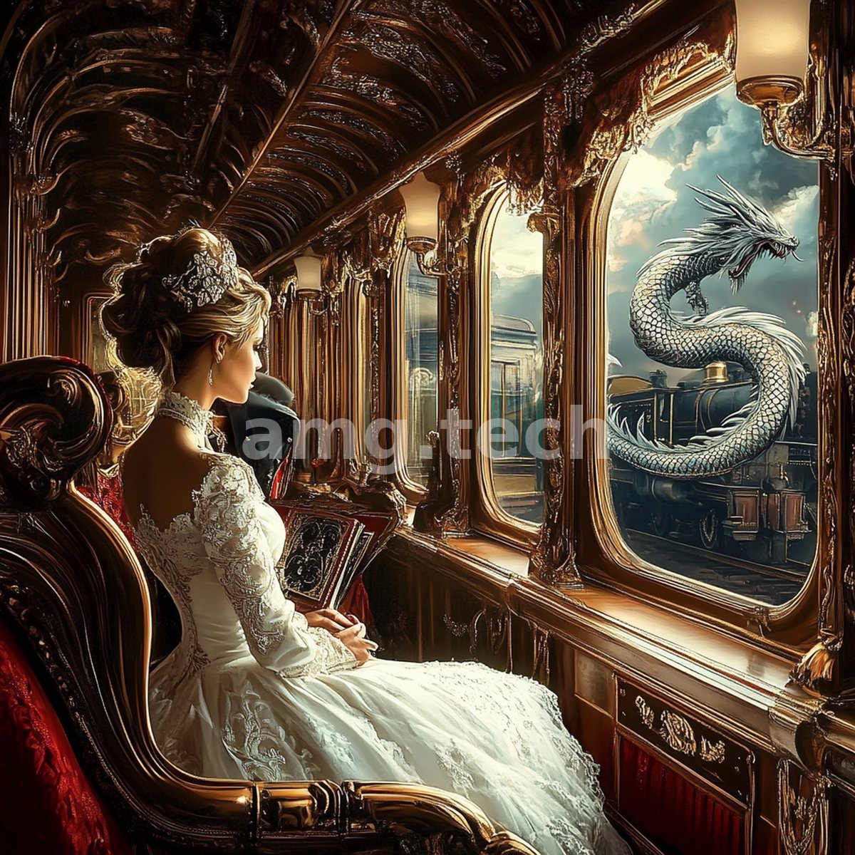In an opulent gilded carriage, a bride in lace turns toward the window as a silver serpentine dragon coils past the speeding train.